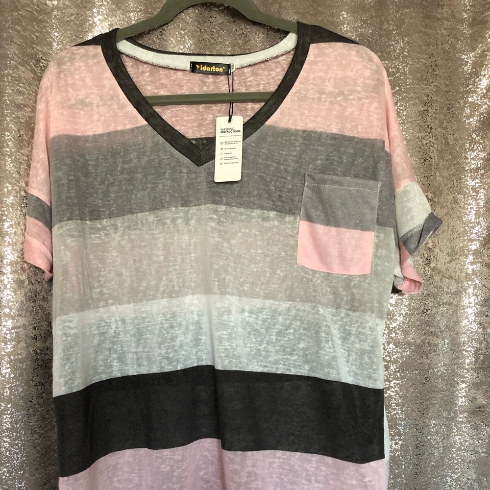 Pink grey and black striped top